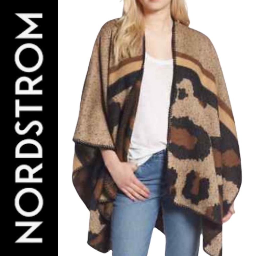 NORDSTROM BP LEOPARD WRAP OPEN FRONT PONCHO **NWOT** - Picture 1 of 8